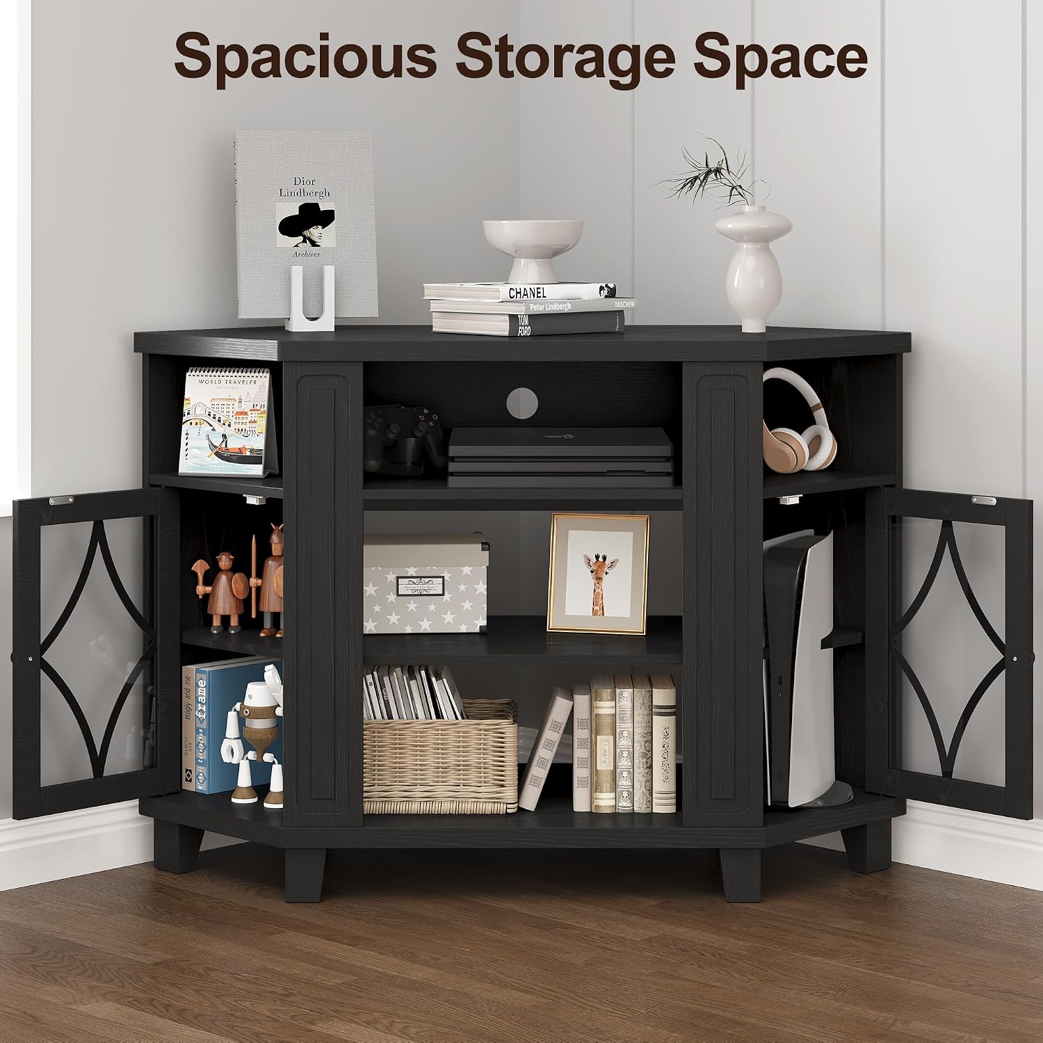RoyalCraft Corner TV Stand for TVs up to 55 Inch: Corner Tall Entertainment Center with Storage, Modern Wood Media Console Cabinet for Living Room, Bedroom, Satin Black