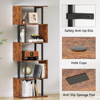 Furologee 6 Tier Bookshelf, S Shaped Geometric Bookcase, Rustic Brown