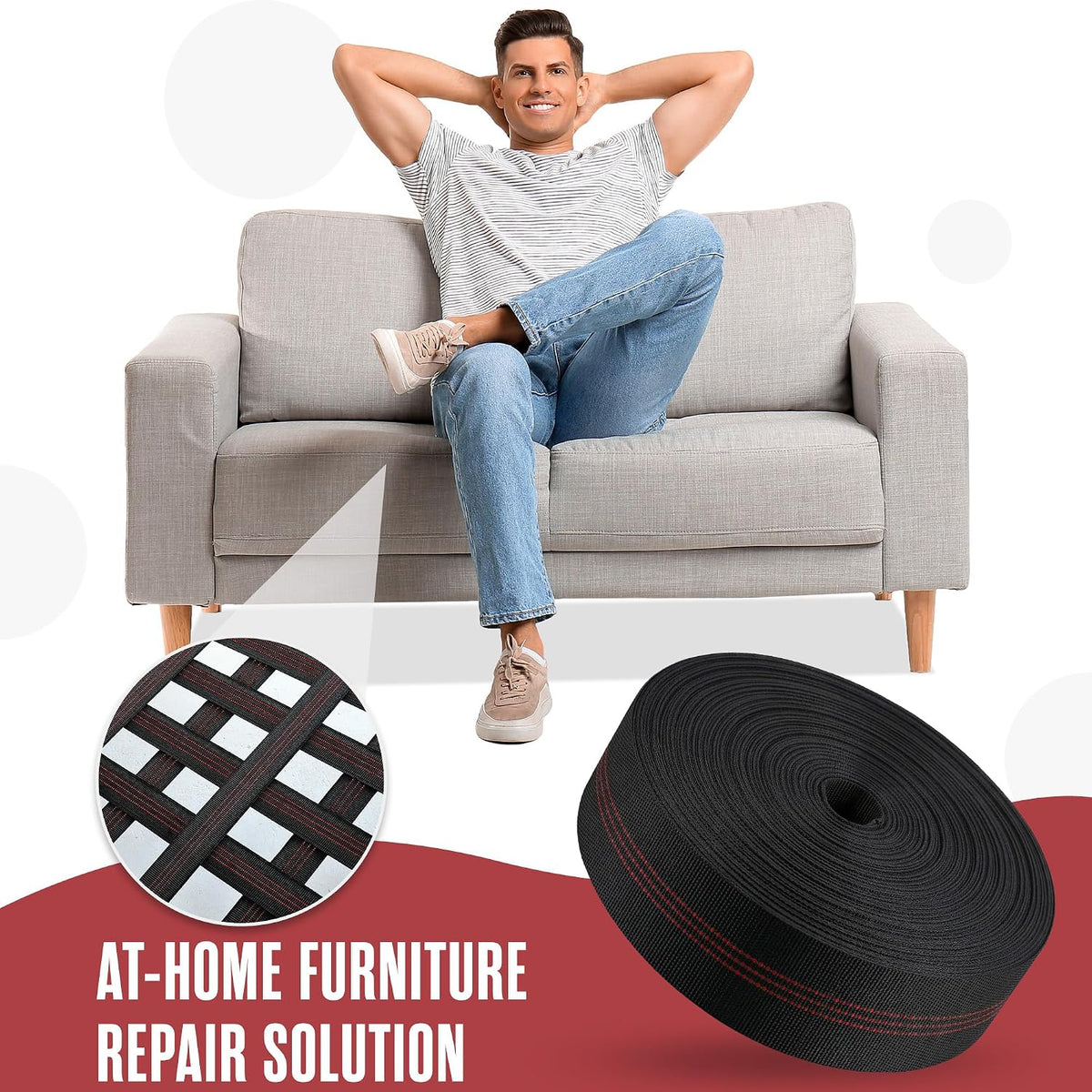 Chair Webbing, Upholstery Webbing, Couch Elastic, 2 Inch, 160 Foot Roll | Houseables Replacement Straps for Lawn Chairs Upholstery Strapping Kit for Furniture Repair, Support, Sofa, Dining Seat, Belt