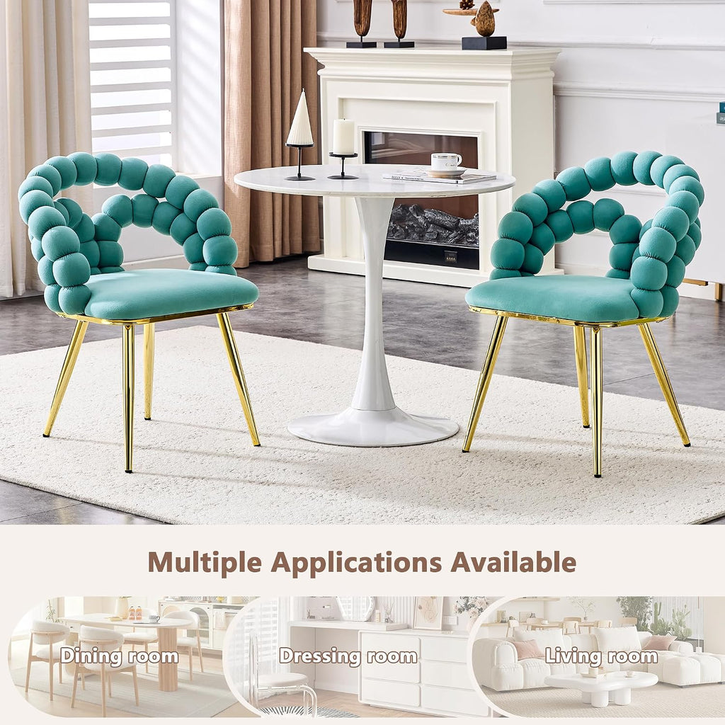 Puffy Bubble Ball Chain Chairs Set of 2, Modern Velvet Dining Chairs with Gold Legs, Contemporary Luxury Kitchen Chairs, Handcrafted Backrest, Lumbar Support, Suitable for Kitchen, Dining Room, Teal