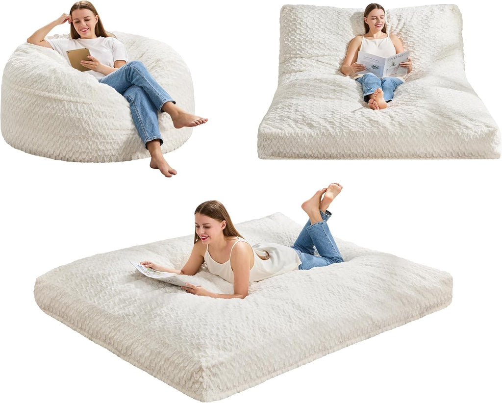 Hobestluk Bean Bag Chair Convertible 3 in 1 Beanbag Washable Giant Adult | Large,Memory Foam Filling,Plush Lounge,Bean Bag Bed ,Removable Cover,Living Room Bedroom Dorm,Sleeping ,Full,White