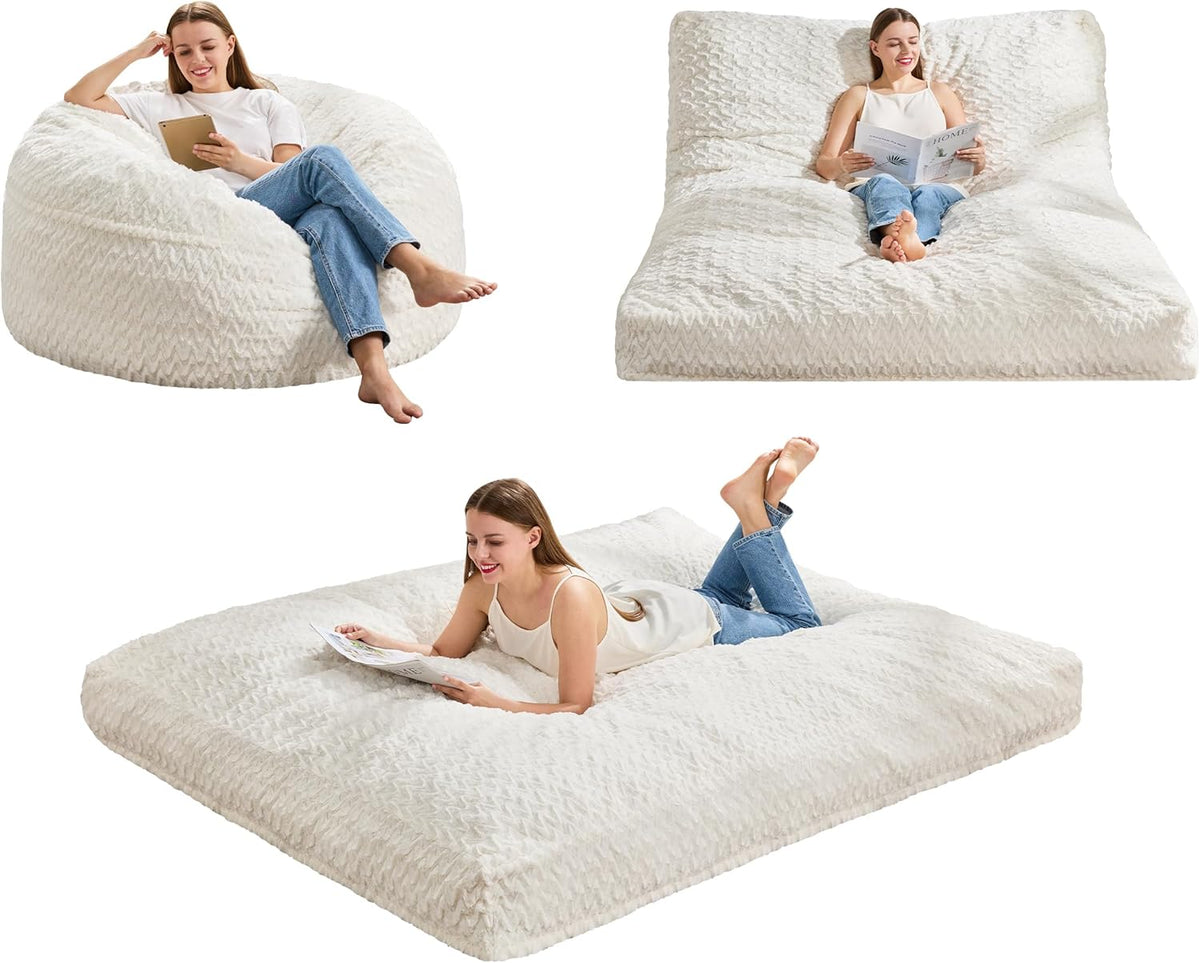 Hobestluk Bean Bag Chair Convertible 3 in 1 Beanbag Washable Giant Adult | Large,Memory Foam Filling,Plush Lounge,Bean Bag Bed ,Removable Cover,Living Room Bedroom Dorm,Sleeping ,Full,White
