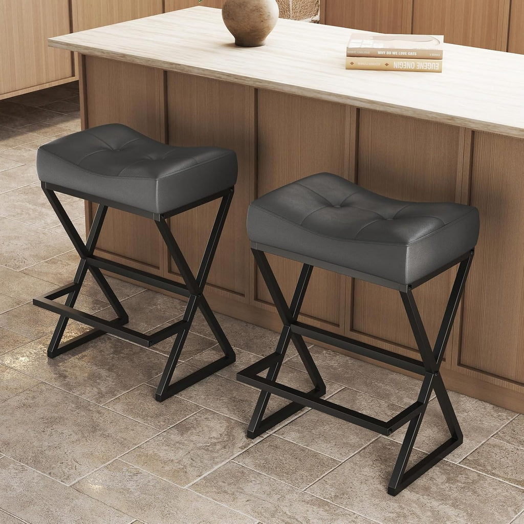 Counter Height Bar Stools Set of 2, Backless 26" Saddle Barstools, Grey | 300lb Weight Capacity, Waterproof PU Leather, Padded Saddle Seat, X-Shaped Metal Legs, Industrial, Home & Commercial Use