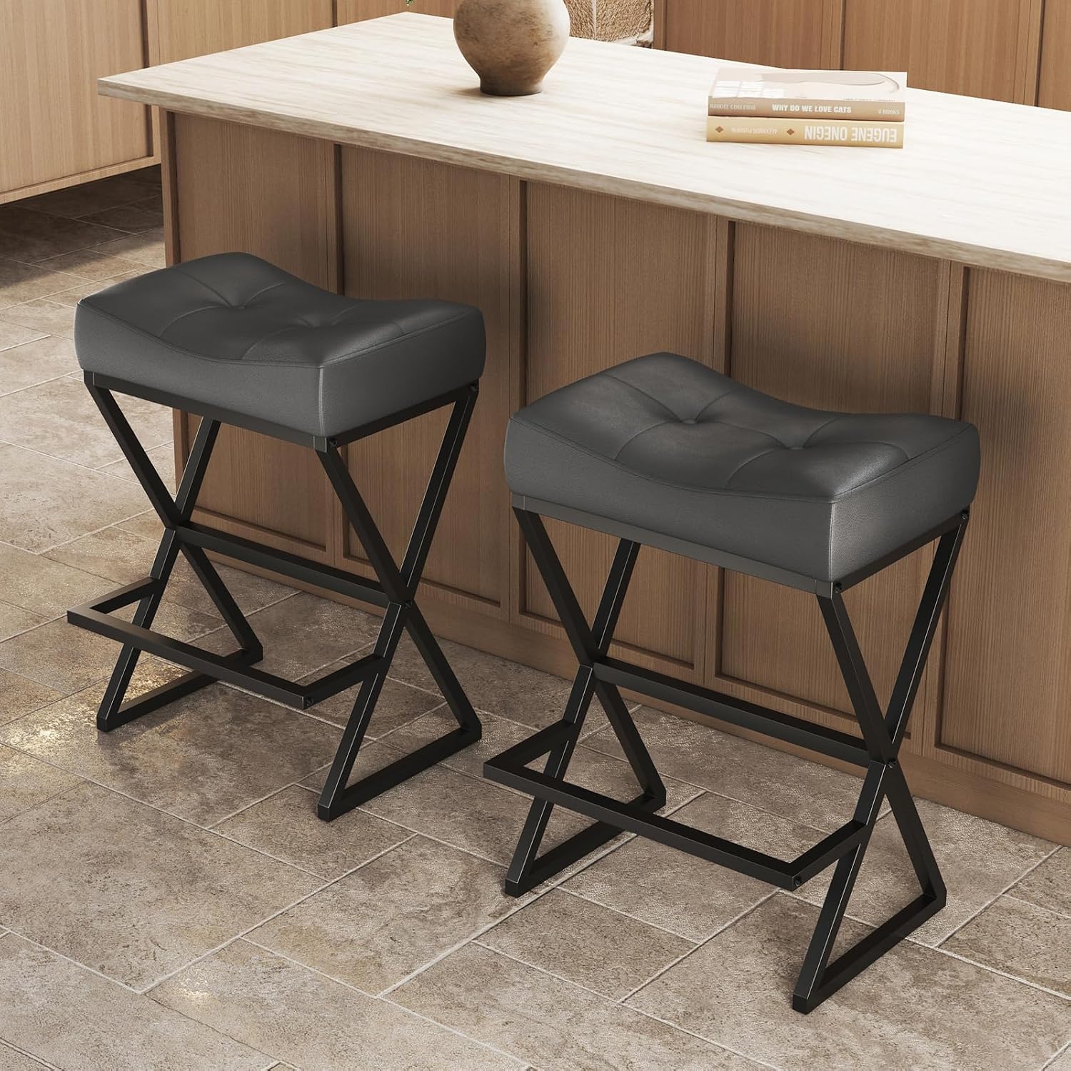 Counter Height Bar Stools Set of 2, Backless 26" Saddle Barstools, Grey | 300lb Weight Capacity, Waterproof PU Leather, Padded Saddle Seat, X-Shaped Metal Legs, Industrial, Home & Commercial Use