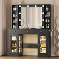 Wodeer Makeup Vanity Desk with Mirror and Lights, Black Vanity with Glass Top, LED Lights & Power Outlet, 3 Drawers & 2 RGB Glass Cabinets, Adjustable Lighted Dressing Table for Women & Girls Bedroom