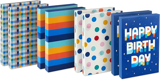 Hallmark Designed Shirt Boxes with Lids (8 Boxes: 2 Each of Orange and Blue Stripes, Plaid, Dots, Happy Birthday) for Birthdays, Father's Day, Graduations