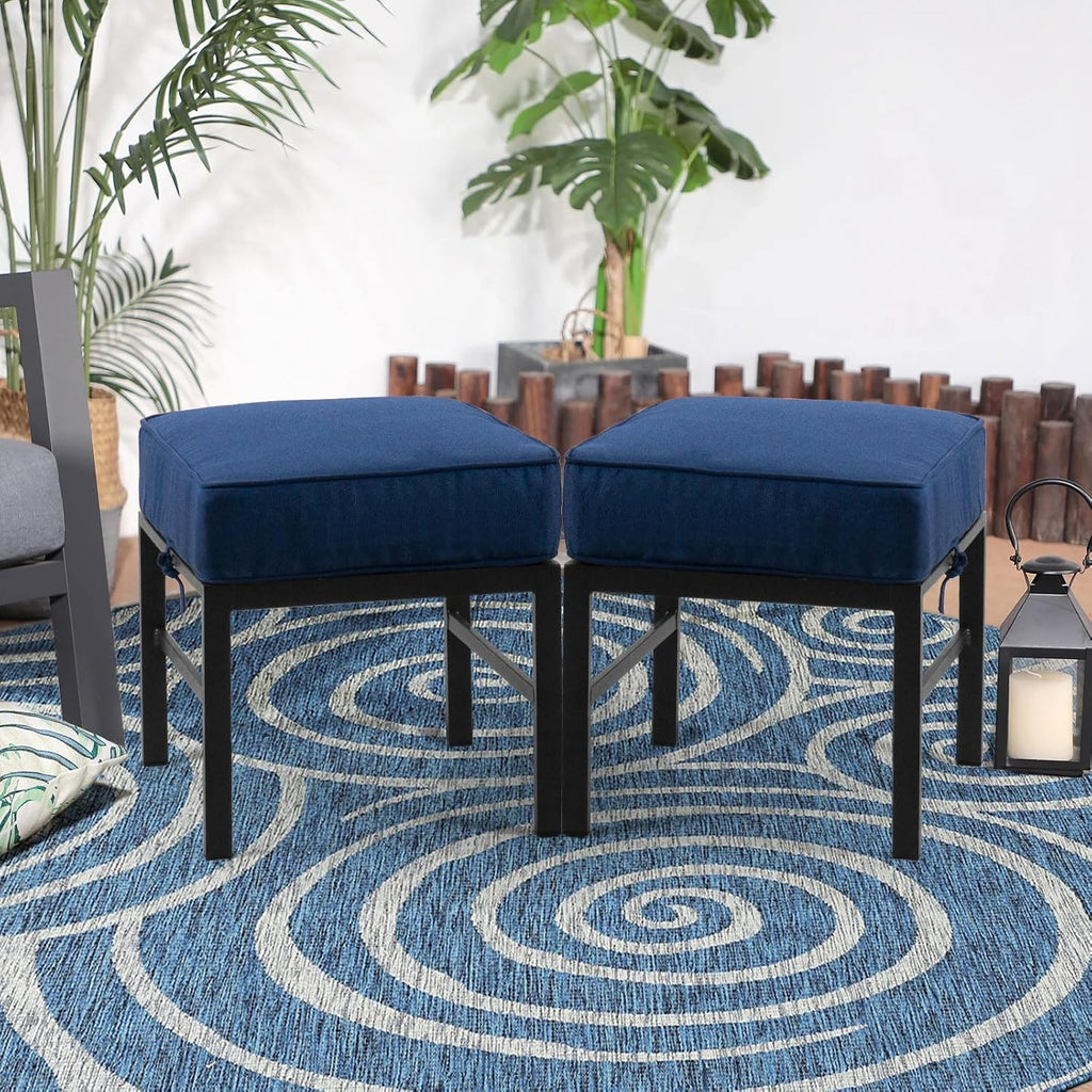 2 Pieces Outdoor Patio Ottomans, Assembled Metal Outdoor Ottoman with Blue Cushions, Metal Small Outdoor Foot Stools for Patio Porch Yard Garden Deck, Black Frame