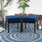 2 Pieces Outdoor Patio Ottomans, Assembled Metal Outdoor Ottoman with Blue Cushions, Metal Small Outdoor Foot Stools for Patio Porch Yard Garden Deck, Black Frame