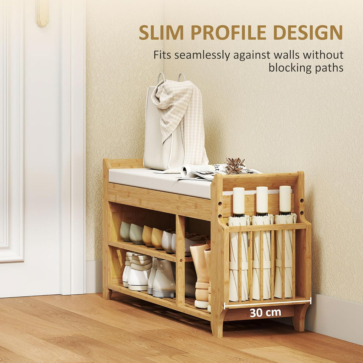 HOMCOM Shoe Bench with Cushioned Seat, 2-Tier Entryway Bench with Side Umbrella Holder, 39.4" in Natural Bamboo Shoe Rack for Hallway, Living Room, Natural and Cream