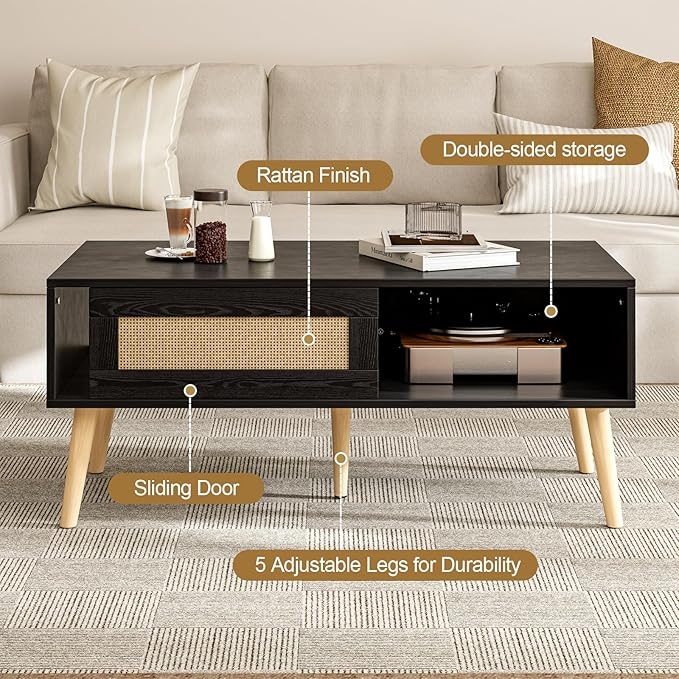 Wood Coffee Table with Storage, Boho Dining Table with Sliding Rattan Door Panel and Solid Wood Legs, Small Coffee Tables for Living Room, Oak (Black_LSJ008)