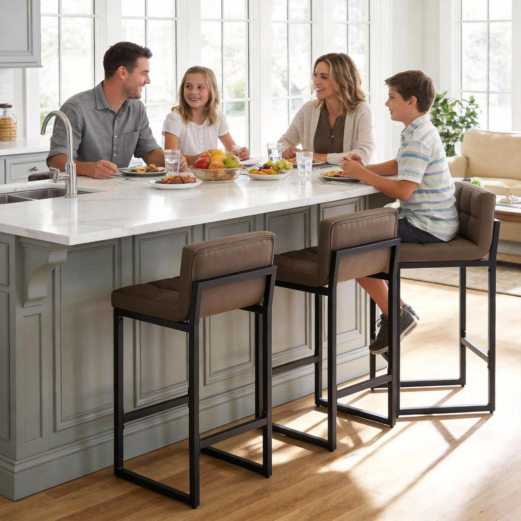 FIRAVOE Bar Stools Set of 3, Upholstered PU Leather Counter Height Barstools with Low Back and Thickened Metal Legs, Modern Chairs for Kitchen Island, Bar (Coffee Brown, 3Pcs 26" Counter Stools)