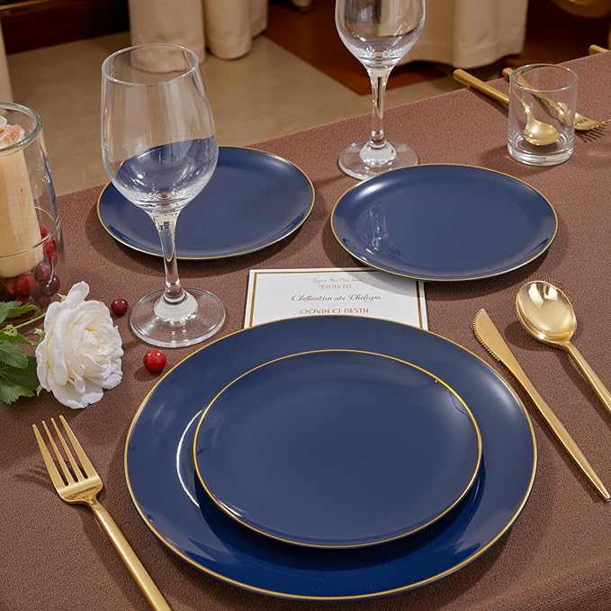 bUCLA 200PCS Blue Plastic Plates - Navy Blue Disposable with Gold Rim Include 100 Each (10 inch Dinner & 7 inch Dessert) Plates, Ideal for Party & Gathering