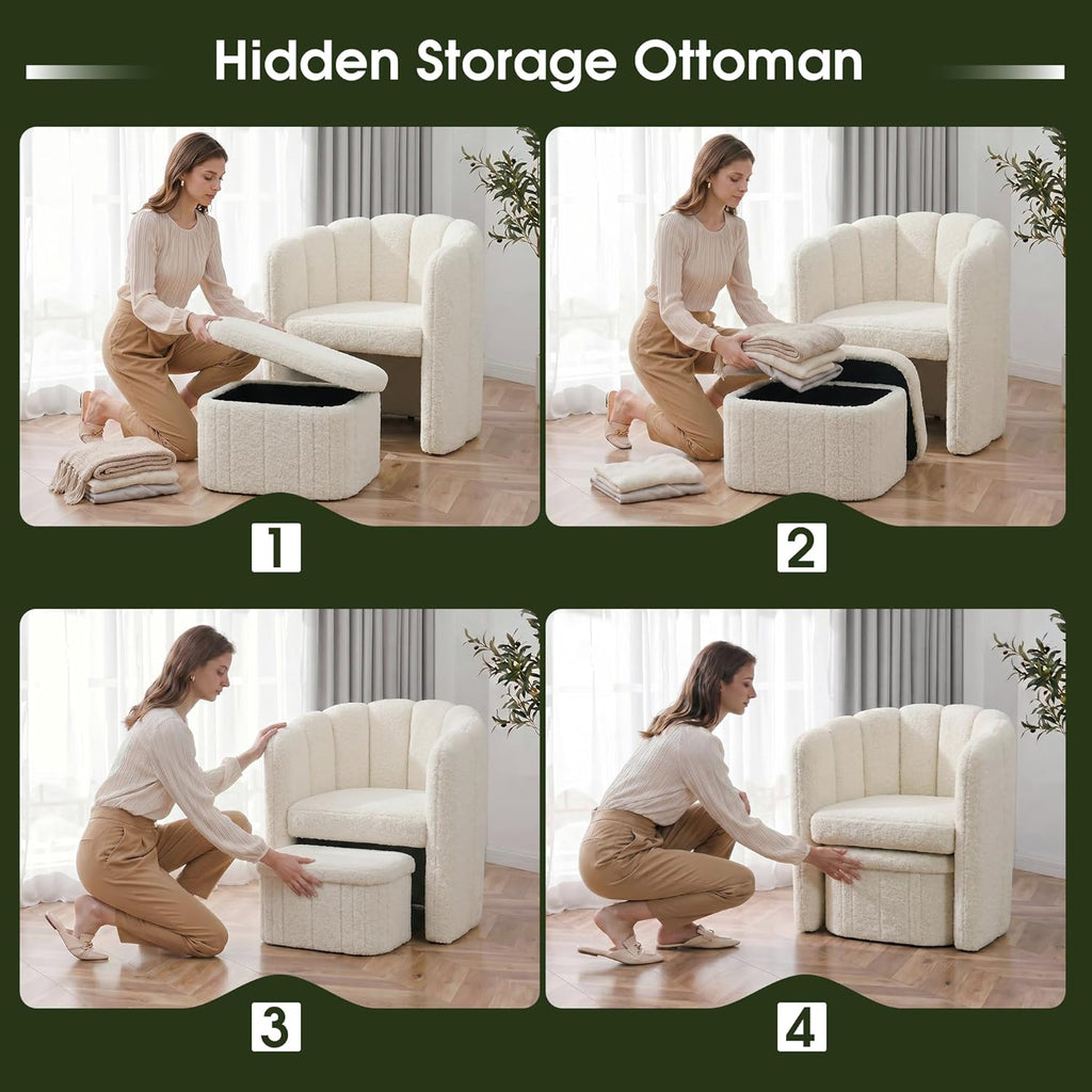 Homkdom Barrel Accent Chair with Storage Ottoman, Teddy Fleece Shell Back, Ergonomic Lumbar Support, Spring Foam Seat, 300 lbs, Reading Chair for Bedroom Living Room Home Office Creamy White
