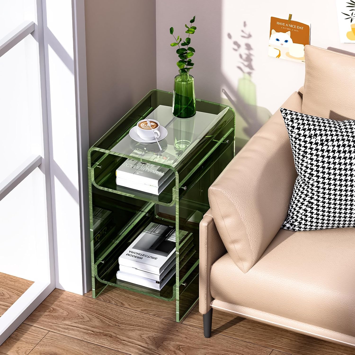 Clear Acrylic Side Table, Narrow Nightstand Bedside Table for Bedroom, Skinny Small End Table (Green Wide, 11.8'' x 15.7'' x 21.7")