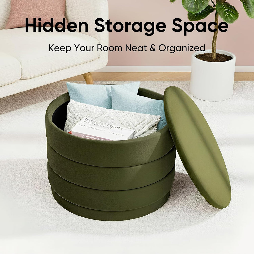 23" Round Velvet Storage Ottoman with Reversible Lid, Soft Padded Footrest and Hidden Storage, Large Upholstere Tray Top Ottoman Footstool for Living Room, Bedroom, Entryway, Olive Grreen