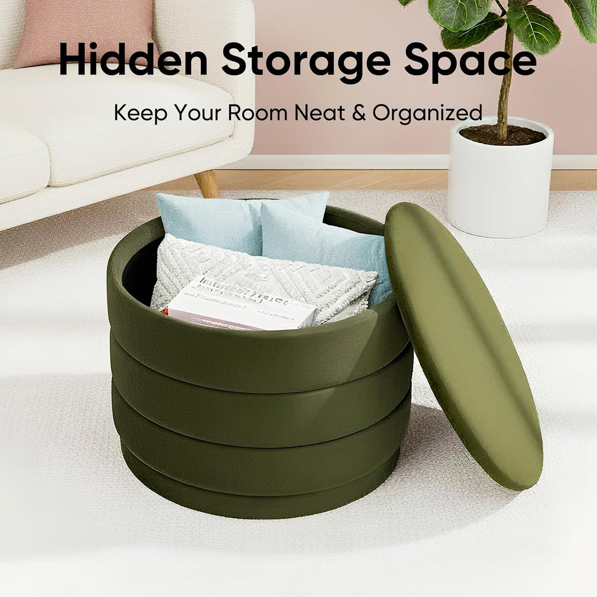 23" Round Velvet Storage Ottoman with Reversible Lid, Soft Padded Footrest and Hidden Storage, Large Upholstere Tray Top Ottoman Footstool for Living Room, Bedroom, Entryway, Olive Grreen