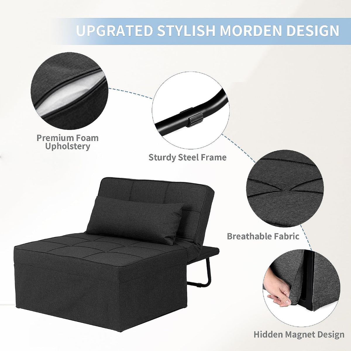 Ainfox Convertible Sofa Bed, 4 in 1 Multi-Function Folding Ottoman Bed with Adjustable Backrest, Modern Futon Couch No Assembly for Living Room Apartment Office Small Space (Black)