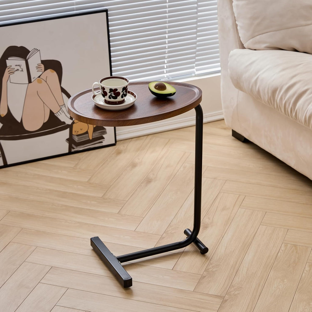 C-Shaped End Table, 2PCS 23.62" H TV Tray Small Side Table for Sofa Couch Bed, Sofa Couch Table with Metal Frame for Living Room, Coffee Drink Table for Small Spaces Bedroom, Walnut