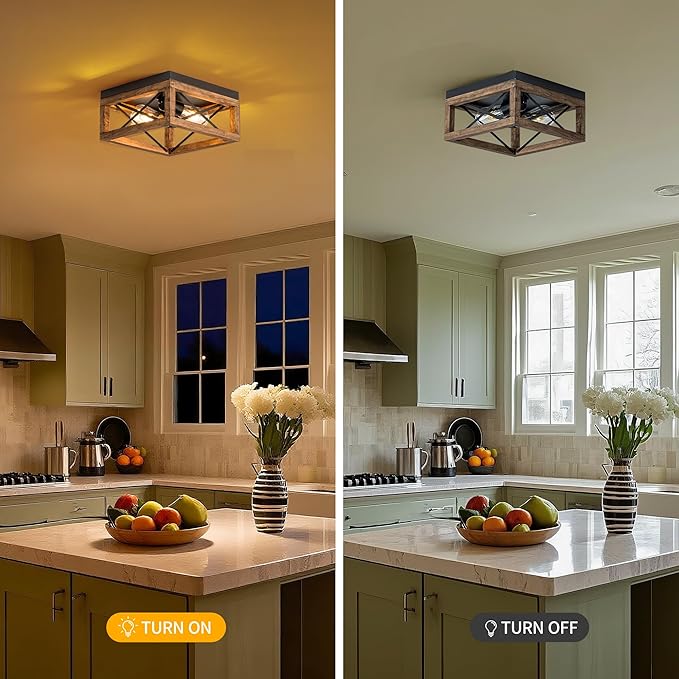 MAYNA Farmhouse Flush Mount Ceiling Light, 2-Light Rustic Ceiling Light with Metal and Wood, Farmhouse Hallway Light Fixtures for Kitchen Entryway Bedroom Dining Room