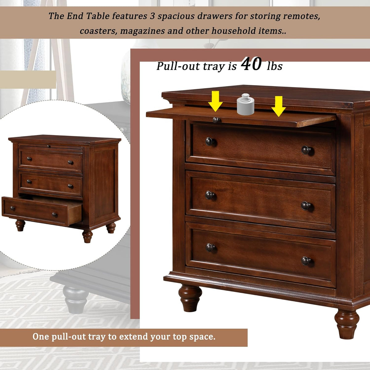 3-Drawer Storage Wood Cabinet, End Table Set of Two with Pull Out Tray,Nightstand with 4 Round Wood Legs,for Bedroom LivingRoom Office Study (Brown@3)