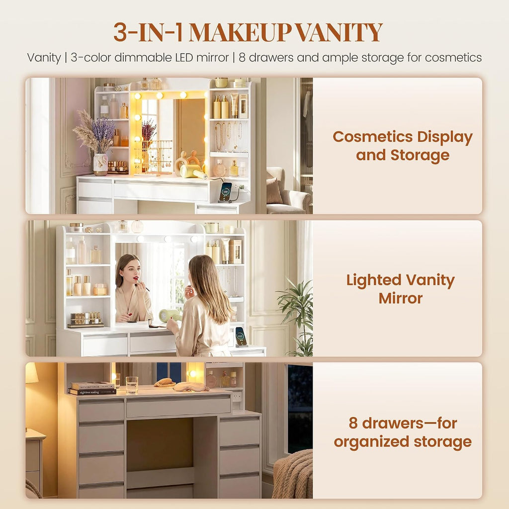 HEXCELEN 47" Vanity Desk with LED Lights, 8 Drawers, 20" Mirror, 2AC+2USB Charging, FSC Wood White Makeup Vanity