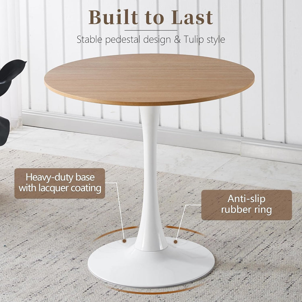 31.5 Inch Round Dining Table,Mid-Century Tulip Table with Metal Pedestal Base,Modern Leisure Table for Small Space Kitchen Dining Room,Easy Assembly,White and Oak