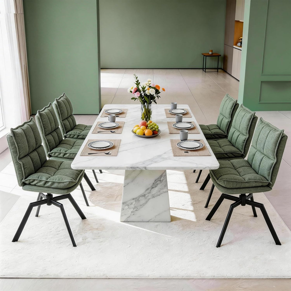 Swivel Dining Chairs Set of 6, Mid-Century Modern Chairs with Linen Fabric, High Back with High-Density Stuffed PP Cotton & Automatic Swivel Metal Legs, Suitable for Kitchen & Living Room(Green)