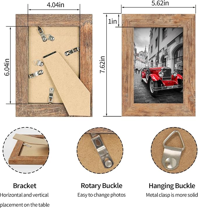4x6 Picture Frame Set of 4, High Definition Real Glass 4 x 6 Photo Frames for Tabletop Display and Wall Mounting (Distressed White+Oak+Rustic Brown+Black)