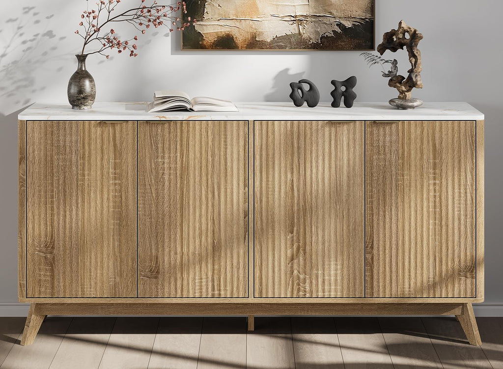 59'' Sideboard Buffet Cabinet with Storage, Fluted Cabinet with Rounded Corners, Modern Buffet Table Accent with 4 Doors for Coffee Bar, Console Table,Oak