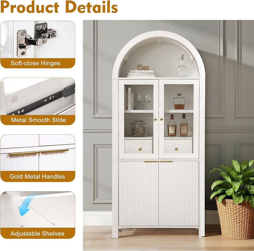 roomfitters 71" Tall Arched Pantry Cabinet with Fluted Glass Doors & Hidden Drawer, 4-Door Display Cupboard, White
