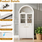 71" Fluted Tall Arched Kitchen Pantry with Glass Door, Farmhouse Storage Cabinet with Adjustable Shelves & Hidden Drawer for Kitchen, Living Room, Dining Room, White
