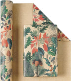 RUSPEPA Kraft Christmas Wrapping Paper Roll, Mini Roll, Watercolor Winter Botanical Design with Pinecones, Holly and Poinsettia, Kraft Gift Wrap for Xmas Holiday, Winter Party, 17 Inches x 16.4 Feet