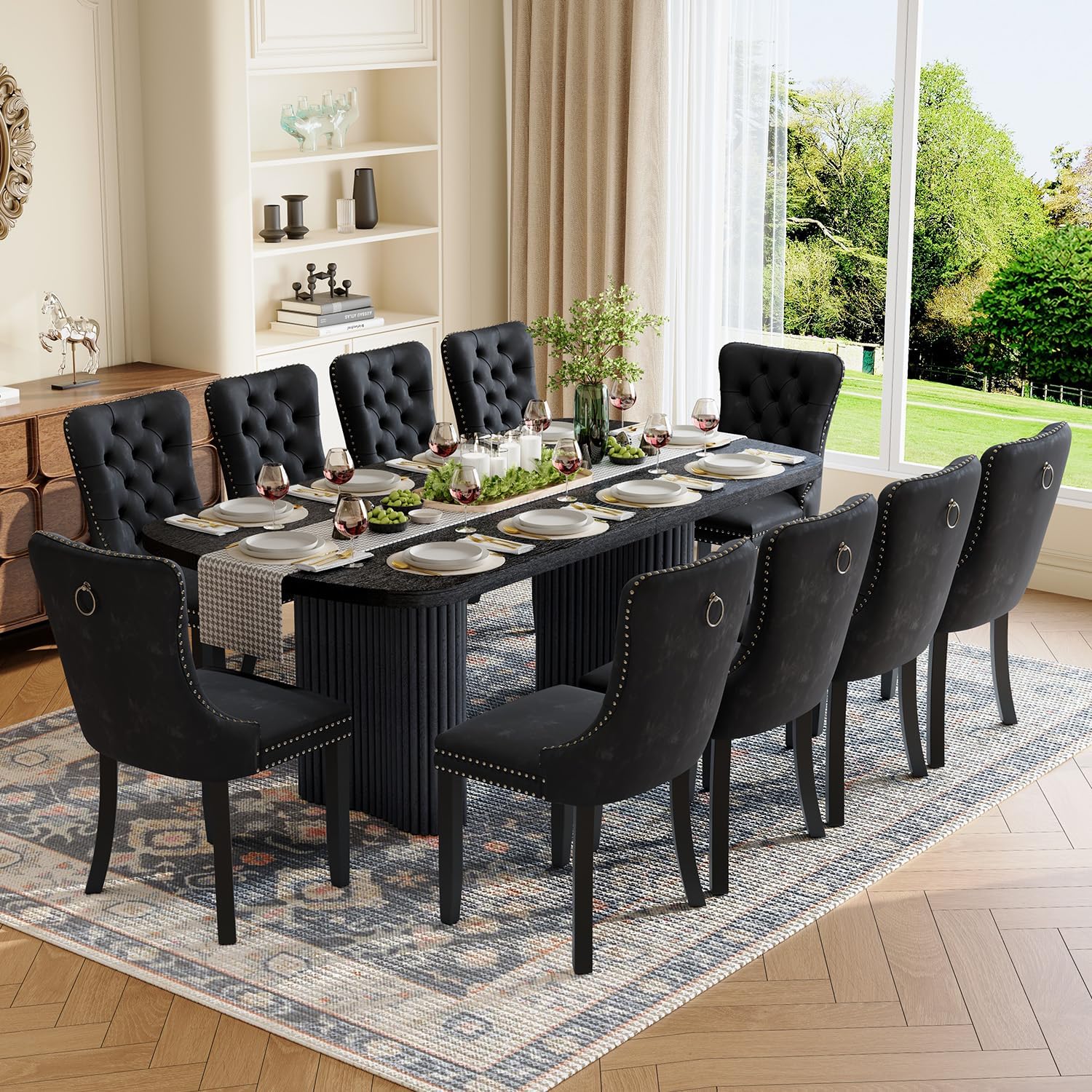 Dining Table Set for 10, 79'' Large Modern Rectangular Dining Room Table with 10 Velvet Chairs, Black Wood Finish, Reinforced Pedestal Base & Thick Tabletop, Stable Design for Home Dining