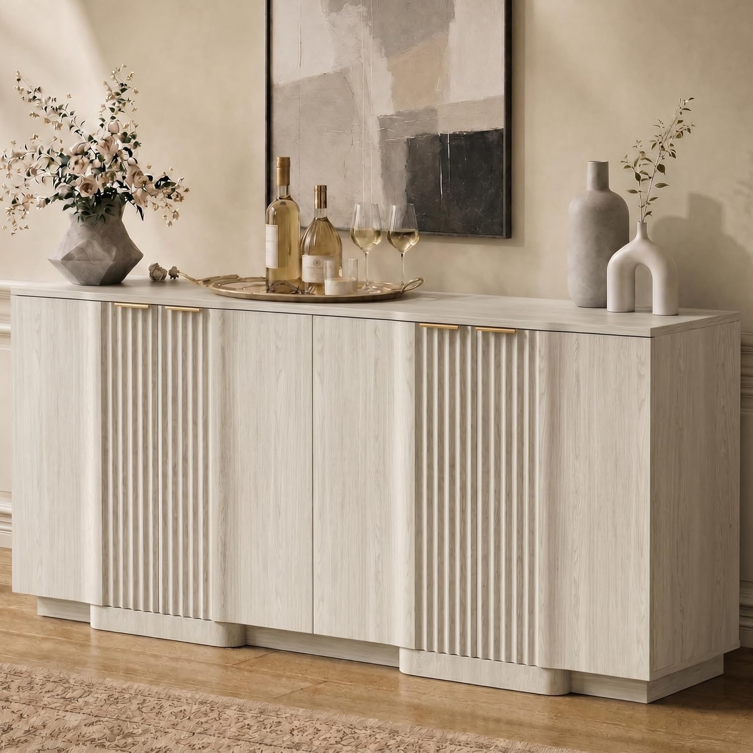 Brafab Buffet Cabinet, 55" Modern Farmhouse Accent Sideboard Cabinet with 4 Doors, Wood Fluted Credenza for Living Room and Kitchen, White