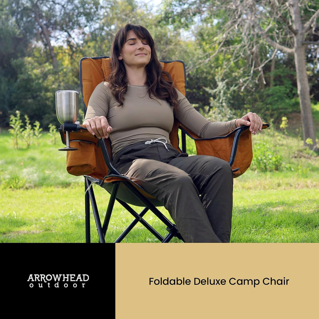 ARROWHEAD OUTDOOR Deluxe Folding Camp Chair – 550lb Capacity Heavy-Duty Quad Chair with Integrated Cooler, Headrest, and Dual Cup Holders.