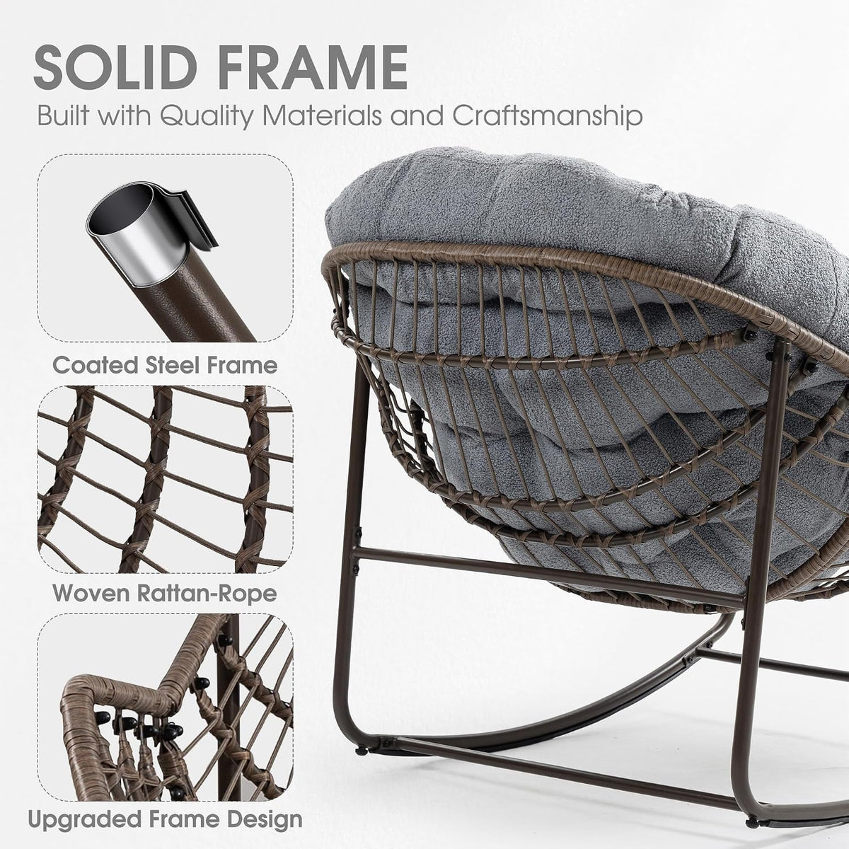 Oversized Papasan Rocking Chair - Outdoor Luxury Egg Chair Indoor Rattan Comfy Rock Chair with Cushion for Patio Garden Porch Lounge Lawn Bedroom Living Room (Grey Teddy)