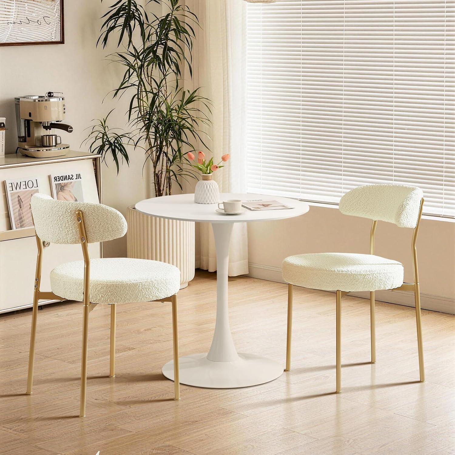 Dining Table and Dining Chair Set 23.6" White Round Table&2 Boucle Upholstered Golden Legs Chairs for Kitchen Dining Room Small Space 3 Piece Dining Table and Chair Set（Beige）