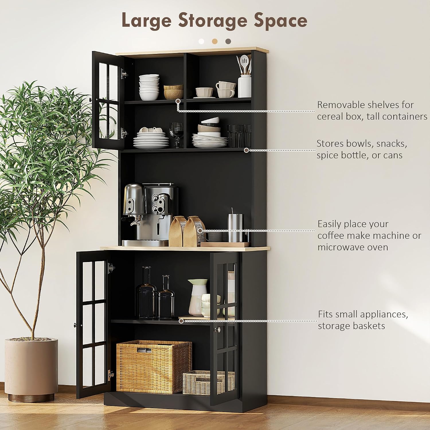 HOMCOM Kitchen Pantry Storage Cabinet 72" with Hutch, Black | Large Countertop, Freestanding, Glass Doors, Adjustable Shelves, Dining Room