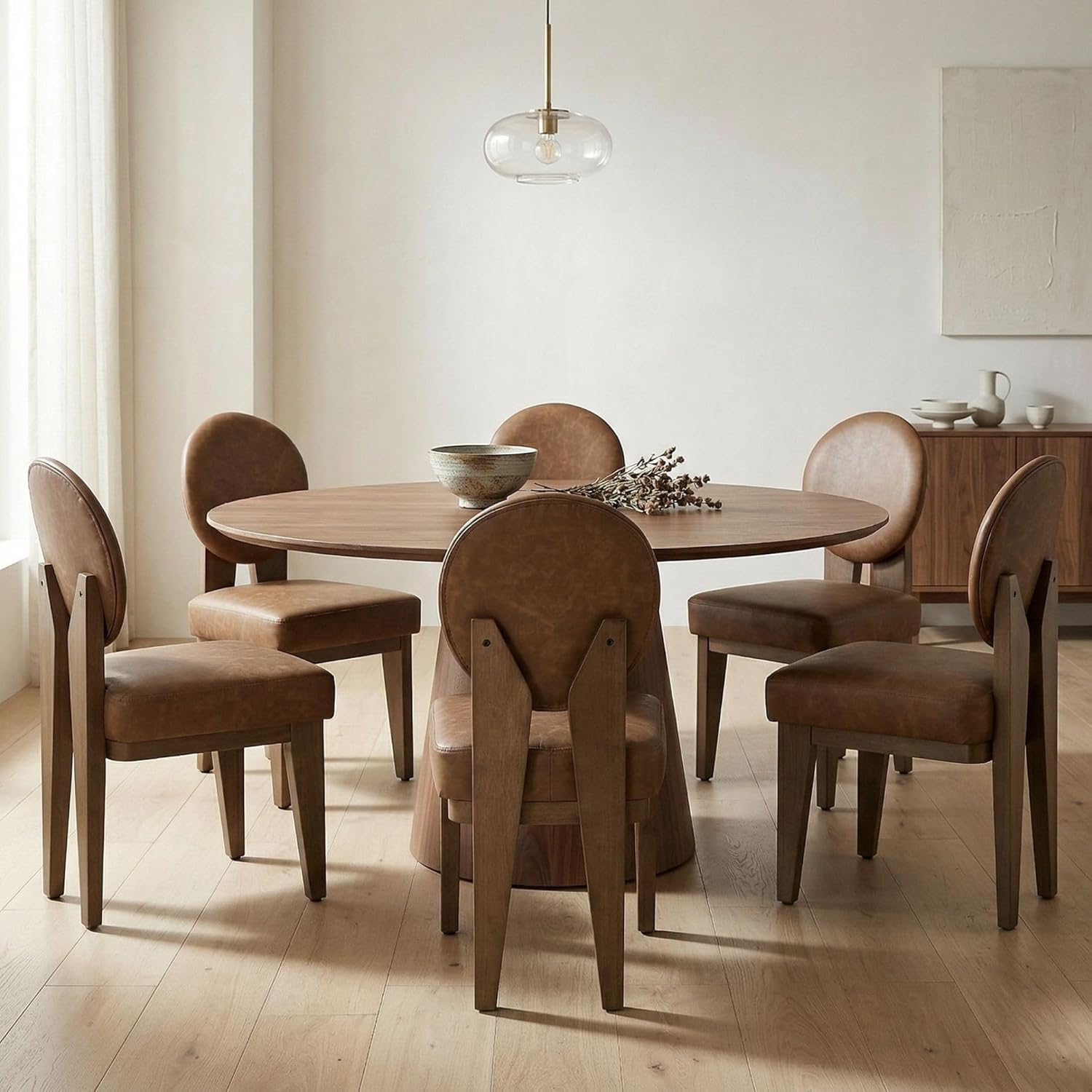 Hyfirm Mid-Century Modern Walnut Dining Chairs Set of 4, Vintage Brown Leather Wooden Kitchen Chairs, Retro Upholstered PU Cushioned Seat with Curved Backrest, Armless Accent Side Chair for Bedroom