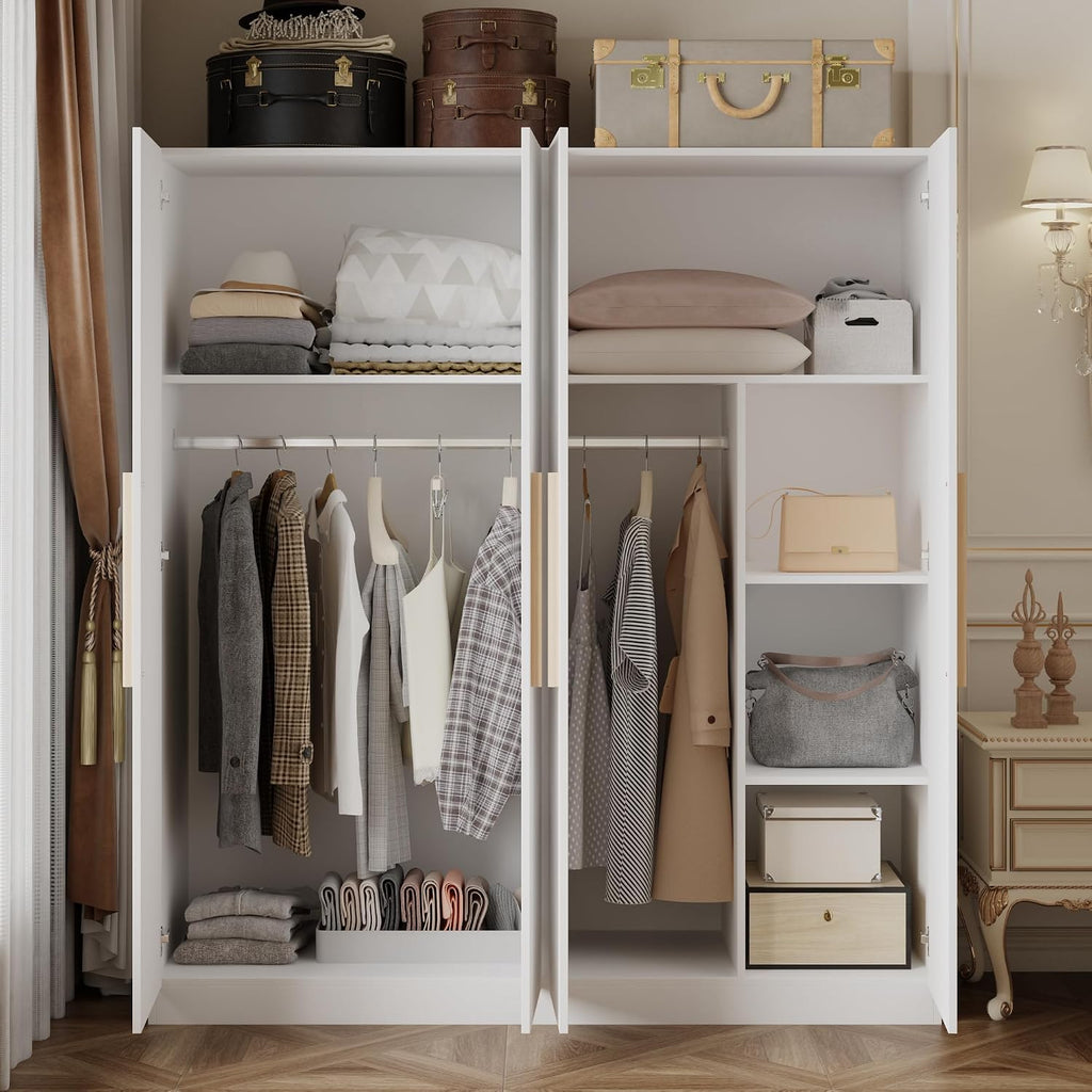 AGOTENI Armoire Wardrobe Closet with 4 Doors & 2 Hanging Rods, Wooden Clothing Storage Cabinet with Shelves for Bedroom, White, 19.7" D x 63" W x 70.9" H