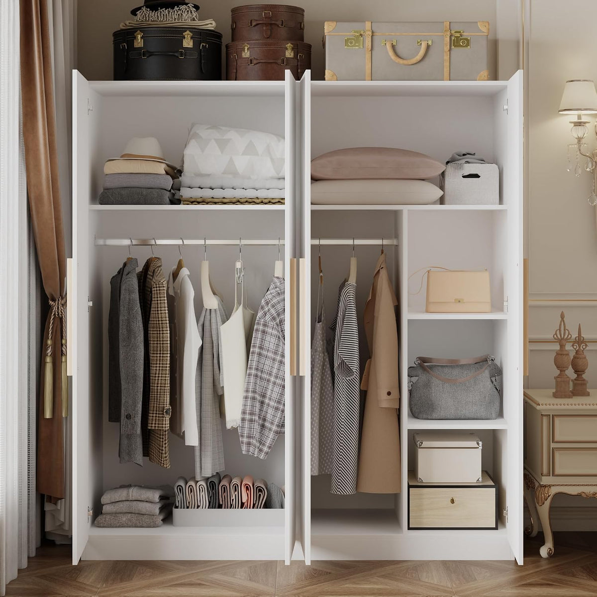 AGOTENI Armoire Wardrobe Closet with 4 Doors & 2 Hanging Rods, Wooden Clothing Storage Cabinet with Shelves for Bedroom, White, 19.7" D x 63" W x 70.9" H