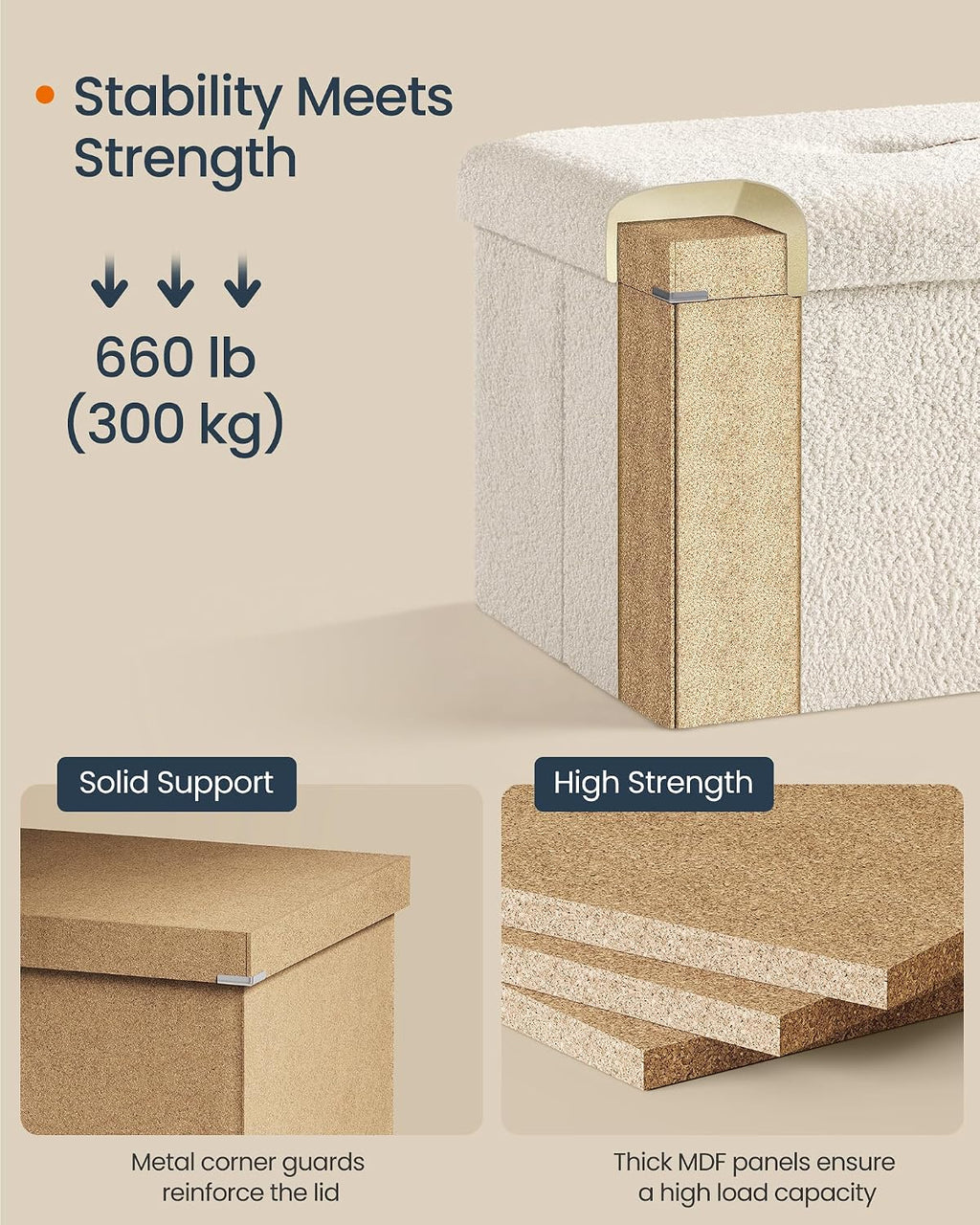 SONGMICS Large Folding Storage Ottoman Bench, 15 x 43 x 15 Inches | Foot Rest Stool, Load up to 660 lb, Cappuccino White and Ink Black, MINOTA Collection ULSF097W01