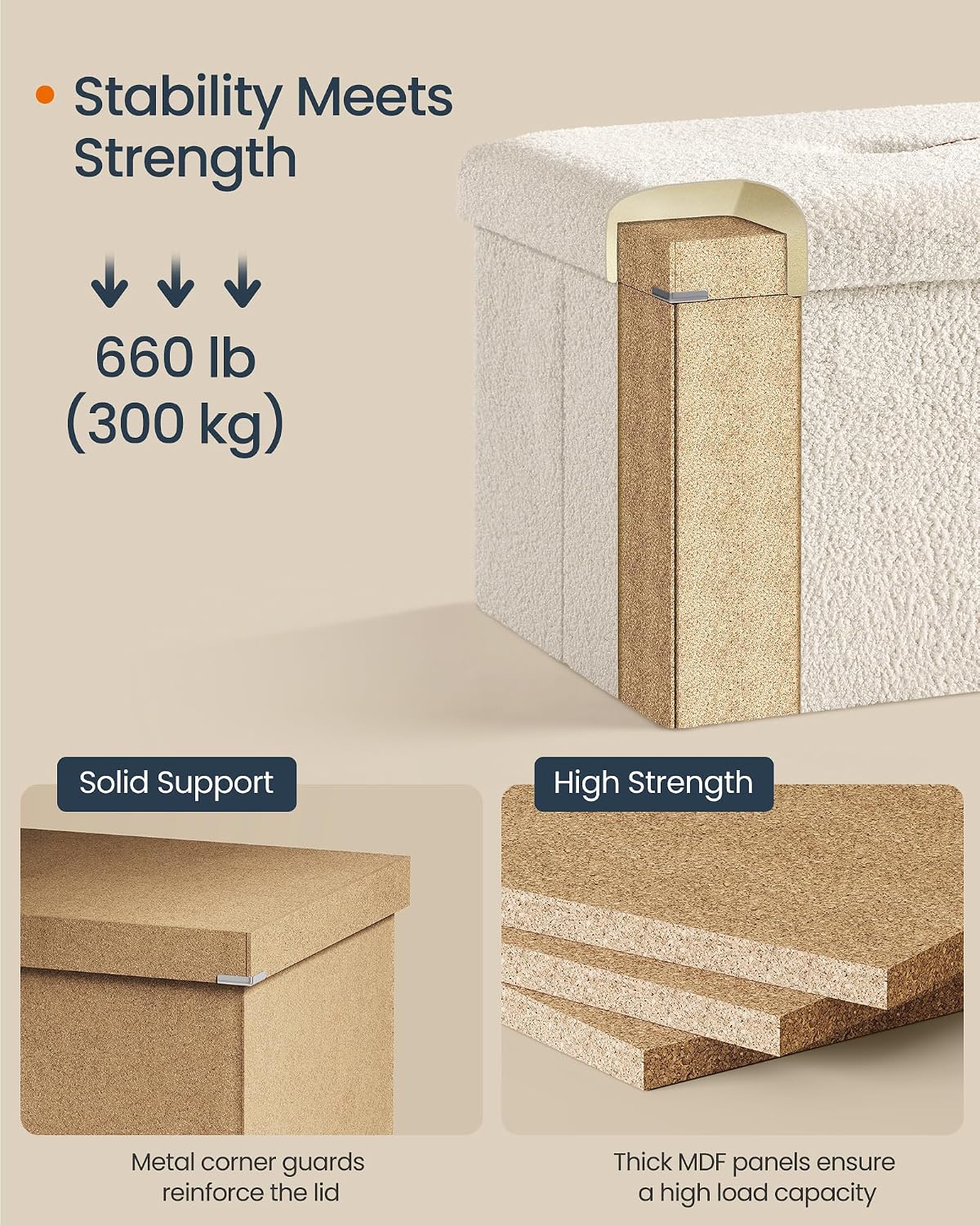 SONGMICS Large Folding Storage Ottoman Bench, 15 x 43 x 15 Inches | Foot Rest Stool, Load up to 660 lb, Cappuccino White and Ink Black, MINOTA Collection ULSF097W01