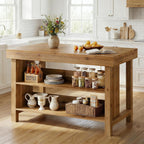 55" Solid Wood Kitchen Island with Storage, Farmhouse Kitchen Island Table with 3-Tier Open Shelves and Large Countertop for Kitchen, Dining & Living Room, Oak