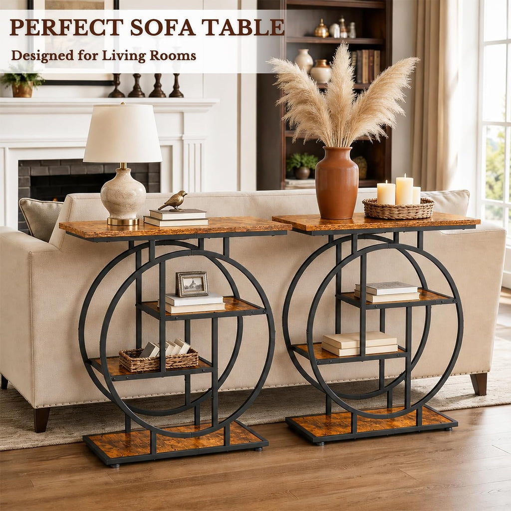 Cottage Charm Entryway Console Table, 31.5" Sofa Table Behind Couch with Curved Metal Frame and Wood Shelves, Decorative Console Table for Living Room, Hallway, Foyer, Rustic Brown