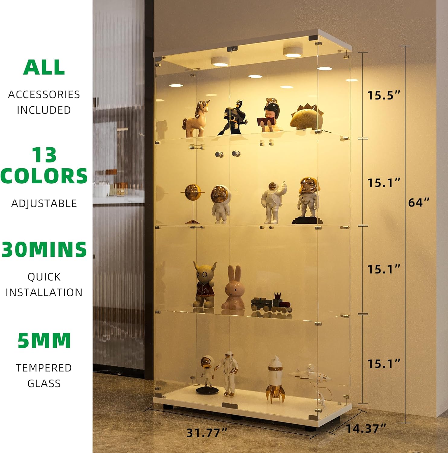 FANYUSHOW Display Cabinet with Glass Door and LED Light, 4-Tier Tempered Glass Display Shelf, Glass Curio Cabinet Collection Display Case, Display Case Cabinet, White 64" H x 32" L x 14" W