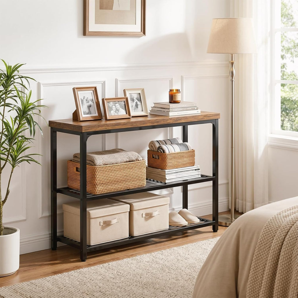Besiost 32" Industrial Console Table with 3-Tier Storage, Oak Grey | Small Entryway Table with Mesh Shelves, Sofa Table Behind Couch for Hallway, Foyer, Living Room, Sturdy Metal Frame