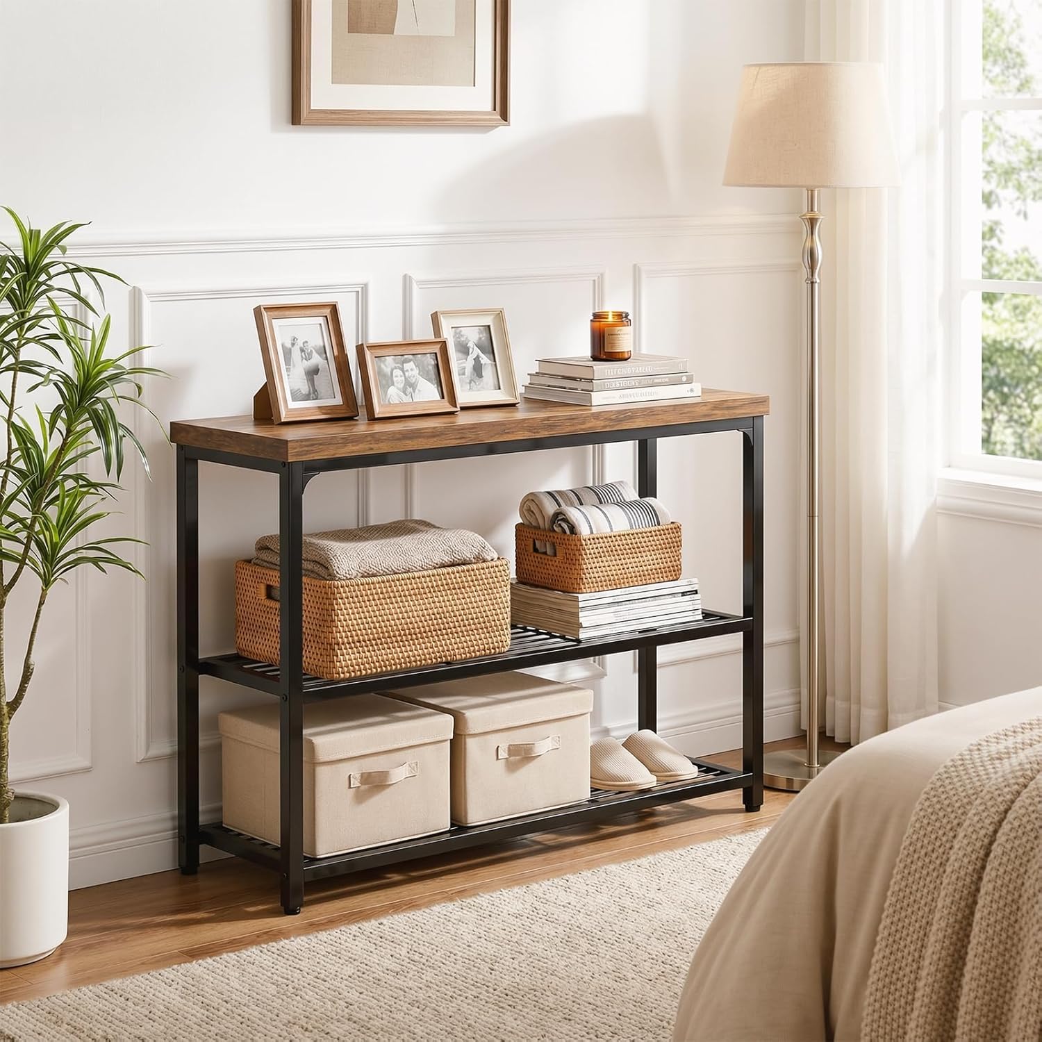 Besiost 32" Industrial Console Table with 3-Tier Storage, Oak Grey | Small Entryway Table with Mesh Shelves, Sofa Table Behind Couch for Hallway, Foyer, Living Room, Sturdy Metal Frame