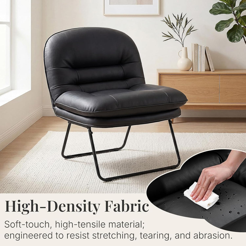 Saucer Chair, Small Foldable Floor Chair, PU Leather | Folding Adjustable Backrest, Bedroom, Living Room, Dorm, Small Spaces Apartment, Adults, Black