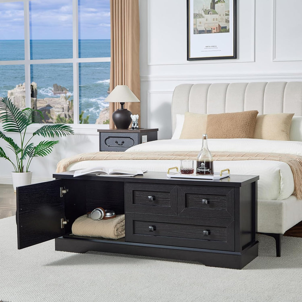 SOOWERY 48 Inch End of Bed Storage Bench, Farmhouse Bed Bench with Drawers and Cabinet, Rustic Shoe Storage Bench for Entryway, Bedroom,Living Room, Black